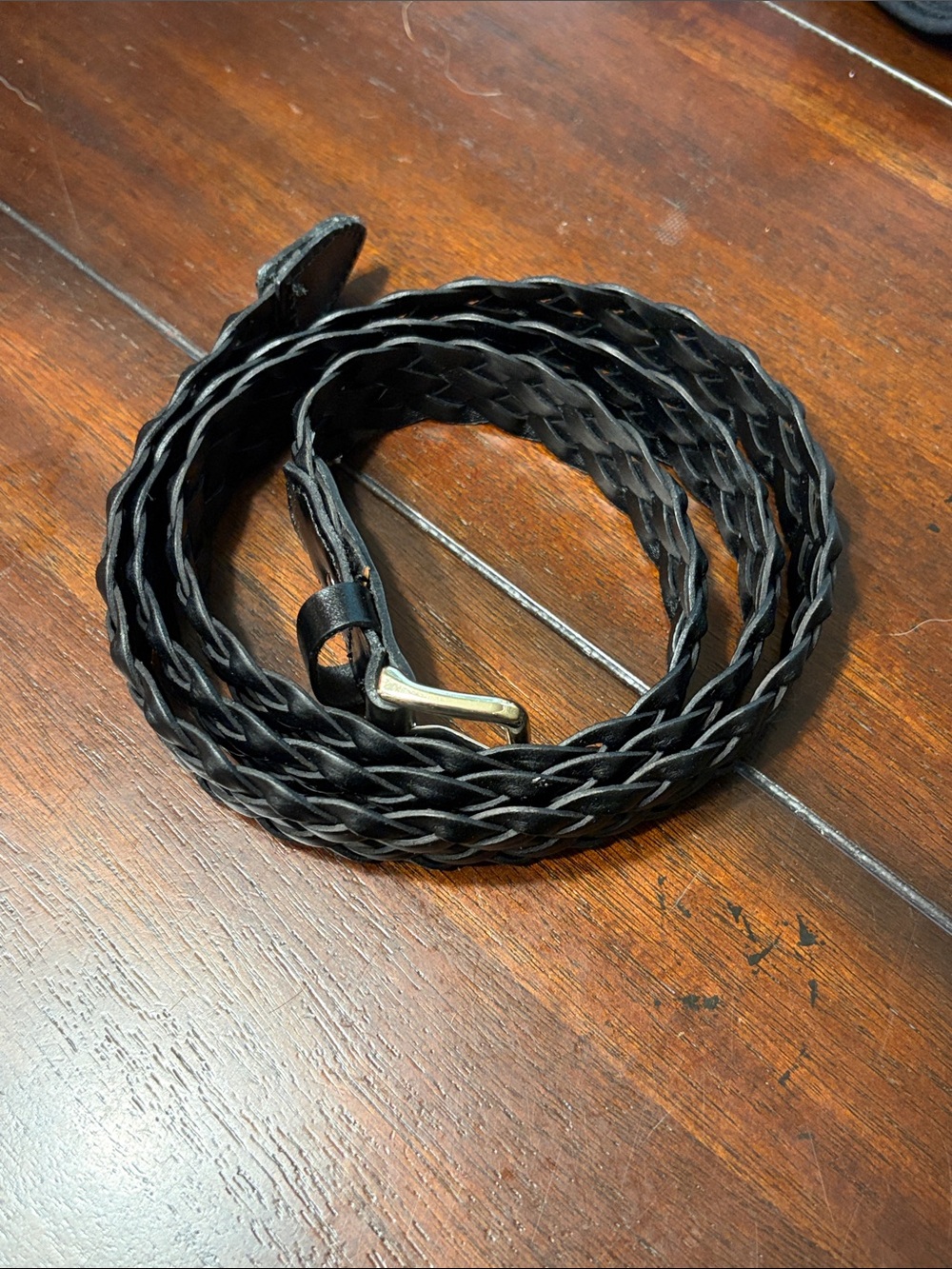 Old Navy Black Braided Leather Waist Belt with Metal Buckle
